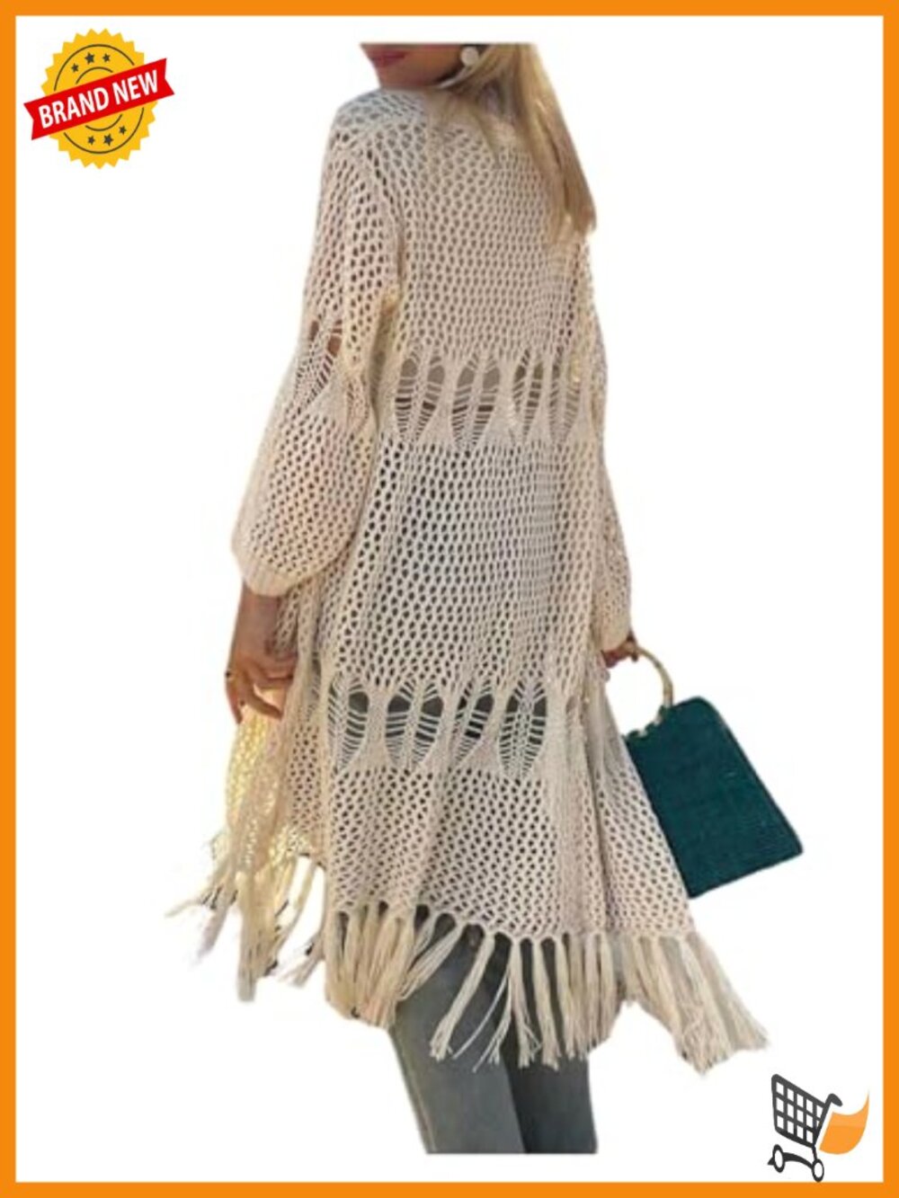 Oversized Crochet Cardigan Duster Open Front Fringe Lightweight Knit